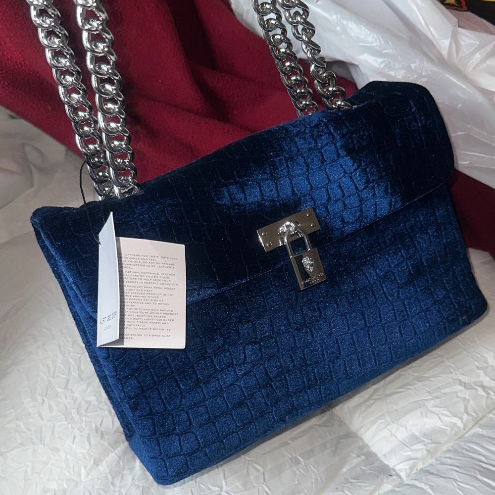 NWT Kurt Geiger Blue Velvet Handbag with Silver Chains